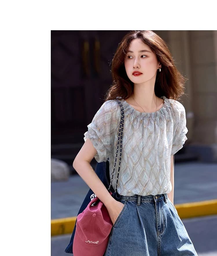 라이 경기 서울 26 여름 레트로 다용도 작은 키 프린트 체크무늬 풀오버 반팔 셔츠 상세 이미지 5