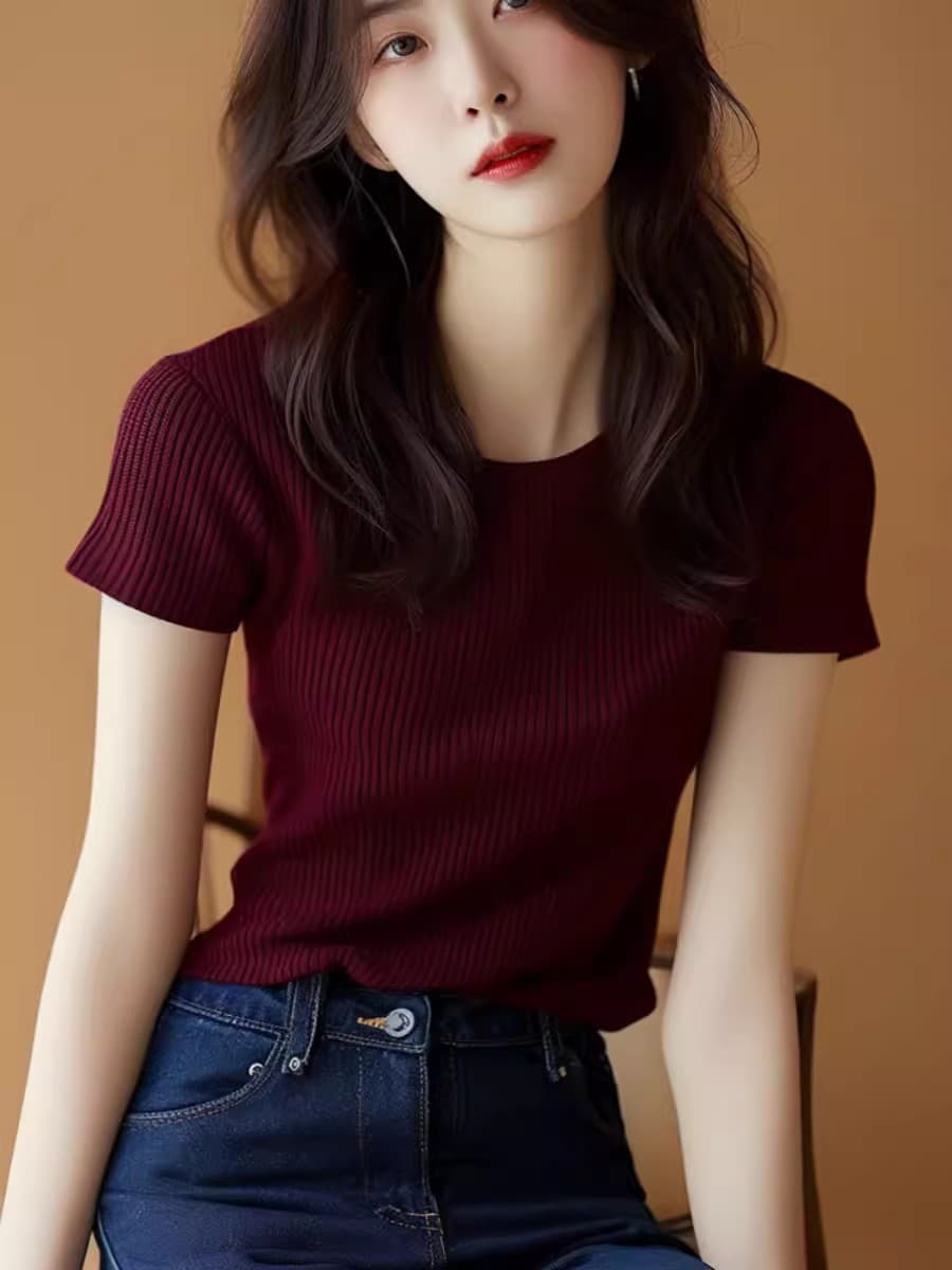 와인 레드 니트 반팔 티셔츠 여성 2026 새로운 다시 달콤한 다시 매운맛 맨위 항구 바람 레트로 긍정적 인 어깨 캐주얼 동정 상세 이미지 4