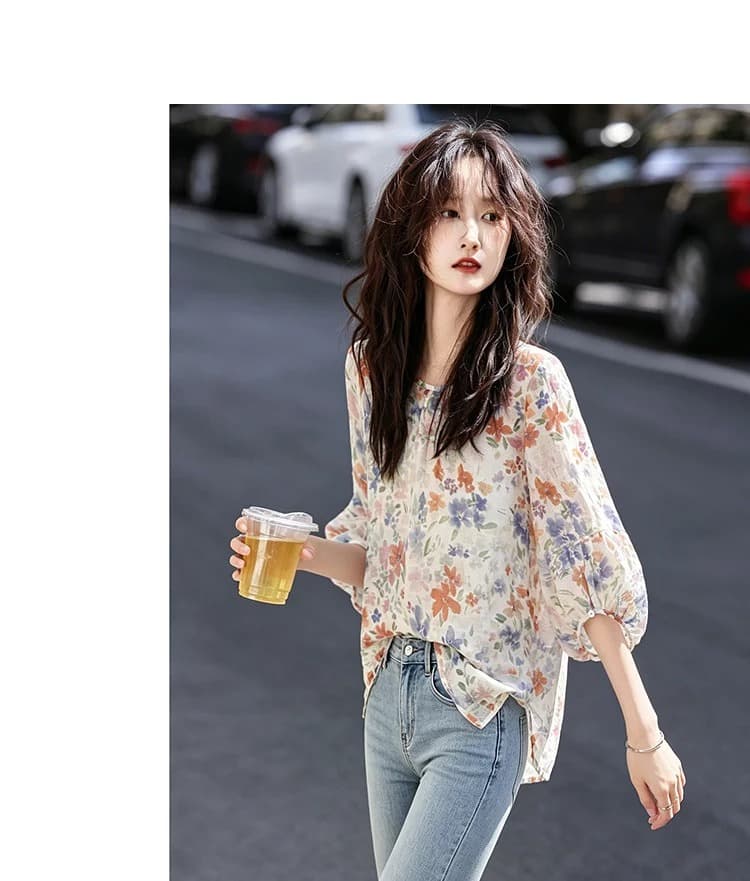 레트로 캐주얼 얇은 스타일 작은 셔츠 26 여름 패션 외국 가스 꽃무늬 중간 소매 풀오버 셔츠 이미지 2