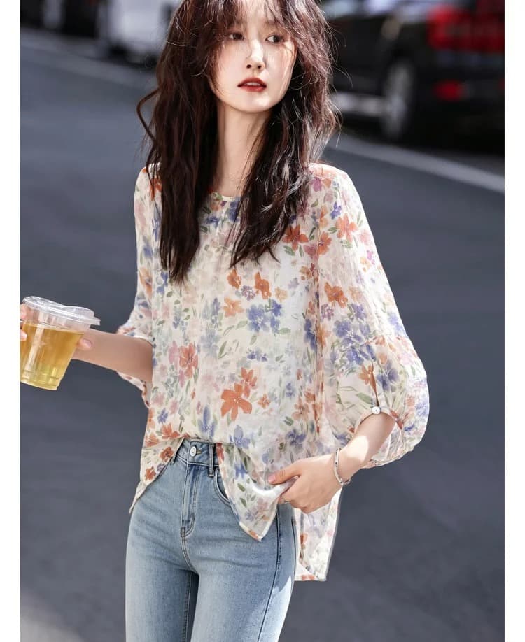 레트로 캐주얼 얇은 스타일 작은 셔츠 26 여름 패션 외국 가스 꽃무늬 중간 소매 풀오버 셔츠 상세 이미지 5