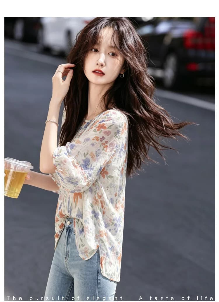 레트로 캐주얼 얇은 스타일 작은 셔츠 26 여름 패션 외국 가스 꽃무늬 중간 소매 풀오버 셔츠 상세 이미지 6