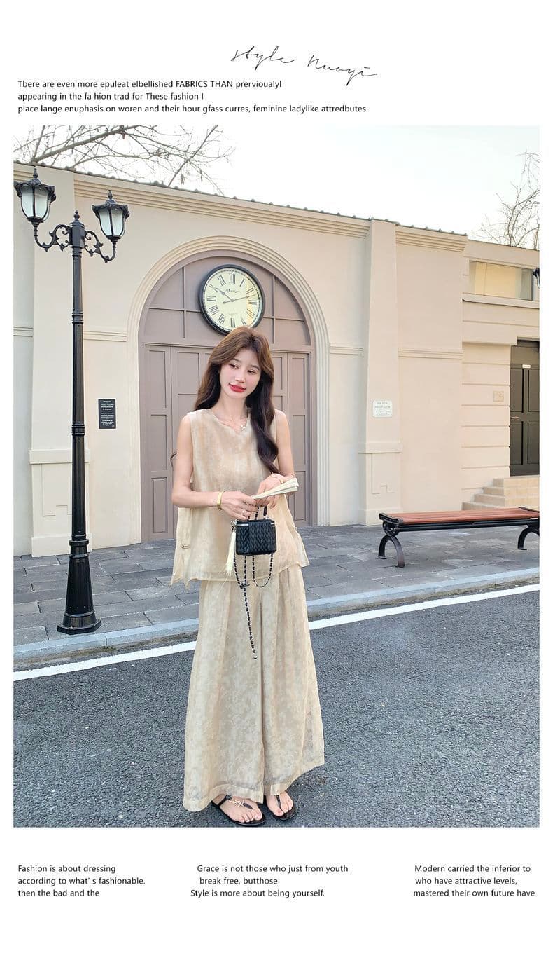 샴페인 세트 여성 여름 2026 새로운 한 부서 오래된 돈 바람 슬림해 보이는 주간 실크 문지르다 색상 조끼 와이드 레그 팬츠 투피스 세트 상세 이미지 9