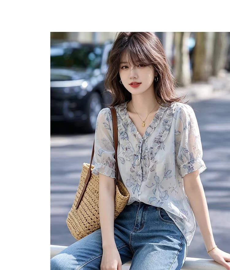 우아함 품격 얇은 스타일 맨위 26 여름 패션 캐주얼 연령 감소 레이스 반팔 셔츠 상세 이미지 2