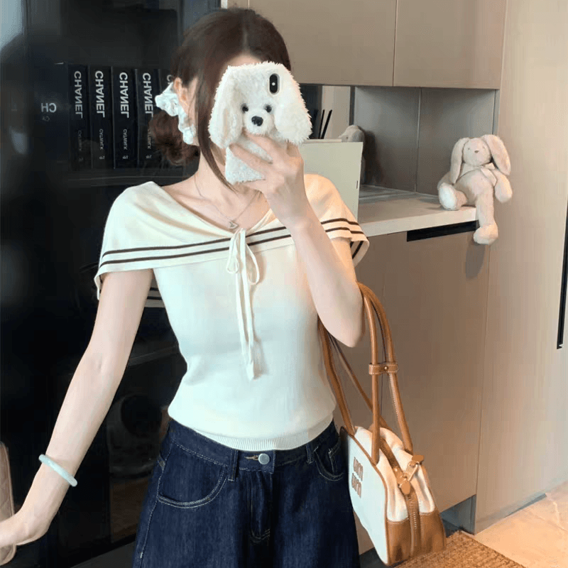 해군 스타일 오프숄더 레이스업 민소매 니트 맨위 여성 여름 한 부서 디자인 센스 몸매 가꾸기 작은 대중 맨위 이미지 2