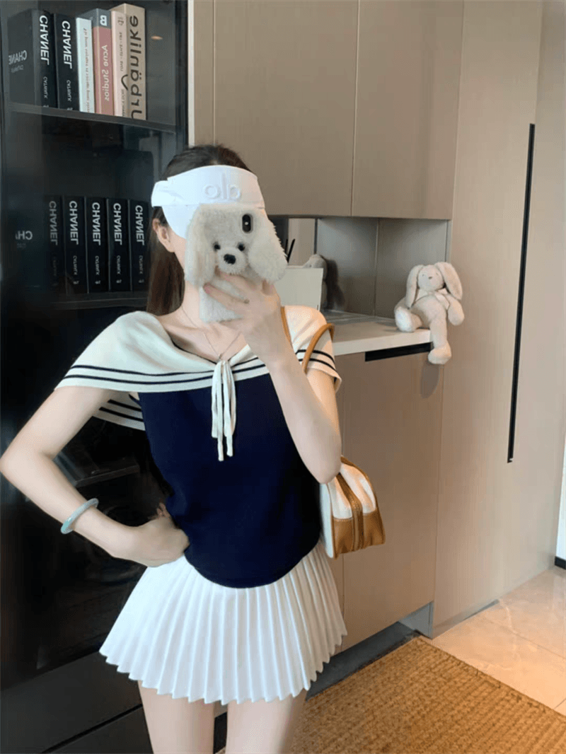 해군 스타일 오프숄더 레이스업 민소매 니트 맨위 여성 여름 한 부서 디자인 센스 몸매 가꾸기 작은 대중 맨위 상세 이미지 17