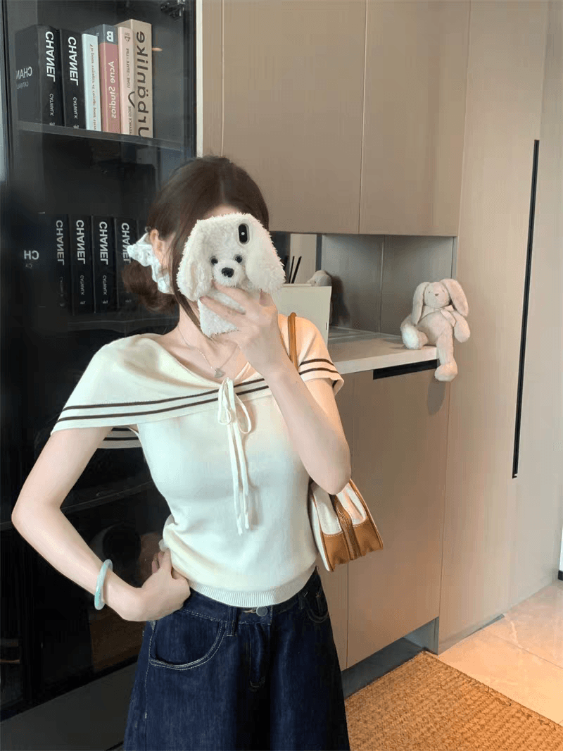 해군 스타일 오프숄더 레이스업 민소매 니트 맨위 여성 여름 한 부서 디자인 센스 몸매 가꾸기 작은 대중 맨위 상세 이미지 20
