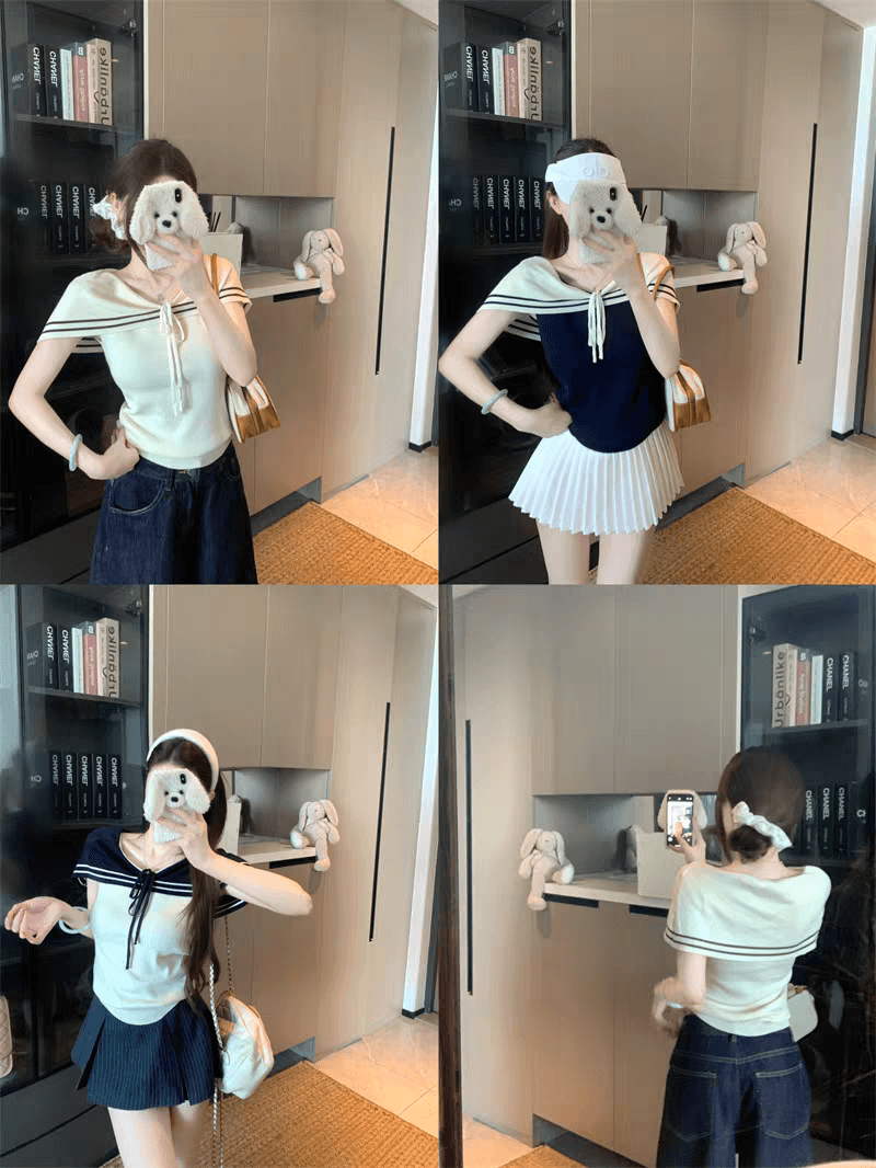 해군 스타일 오프숄더 레이스업 민소매 니트 맨위 여성 여름 한 부서 디자인 센스 몸매 가꾸기 작은 대중 맨위 상세 이미지 24