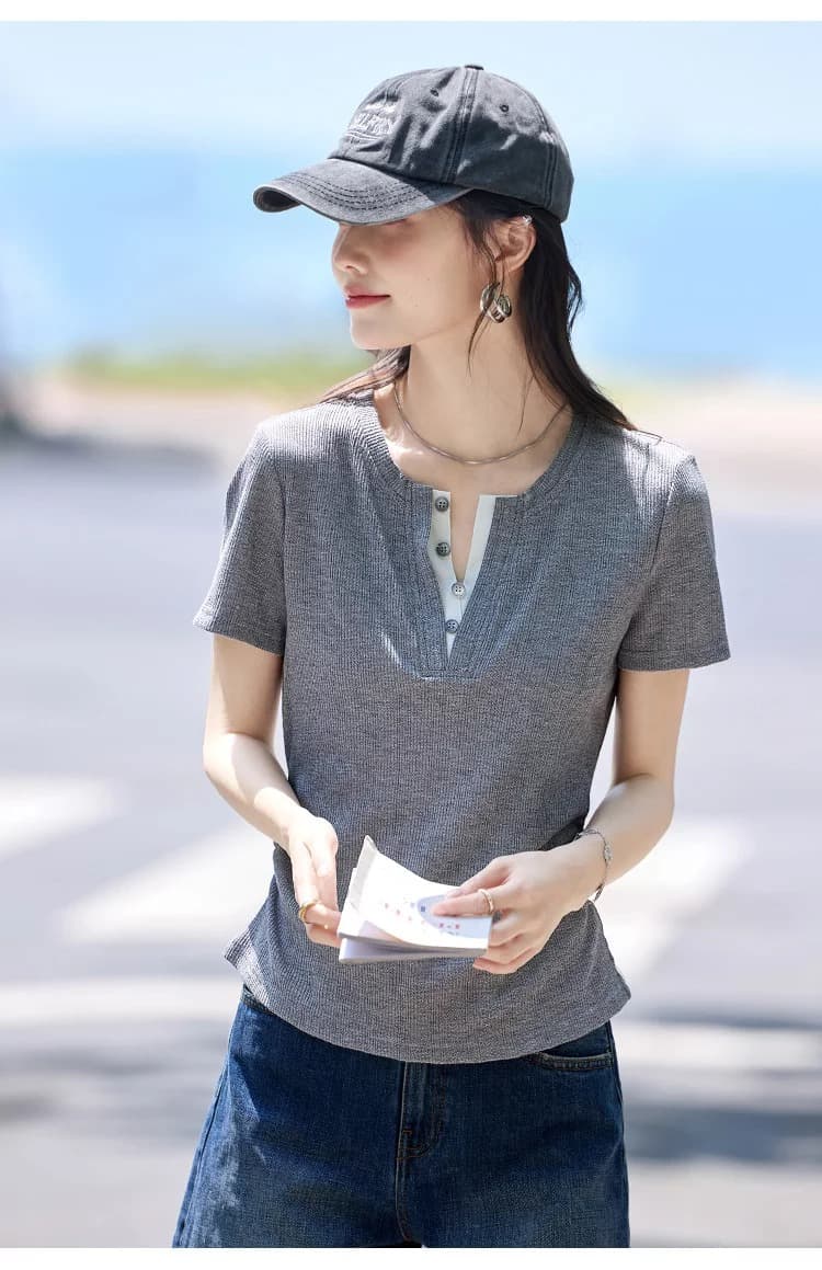 26 아모이 몸매 가꾸기 헨리 칼라 높음 폭탄 슬림해 보이는 반팔 맨위 티셔츠 상세 이미지 2