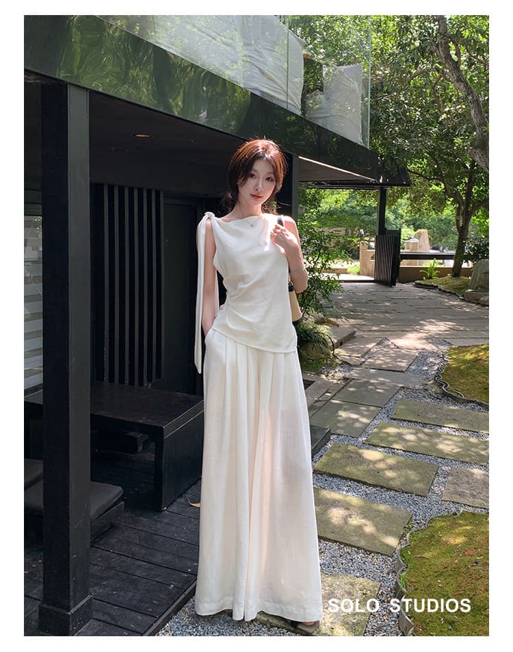 2026 새로운 여름 전체 집합 ootd 느슨함 센스 여신 팬 화이트 민소매 맨위 바지 투피스 슈트 여성 상세 이미지 2