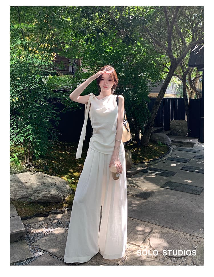 2026 새로운 여름 전체 집합 ootd 느슨함 센스 여신 팬 화이트 민소매 맨위 바지 투피스 슈트 여성 상세 이미지 3