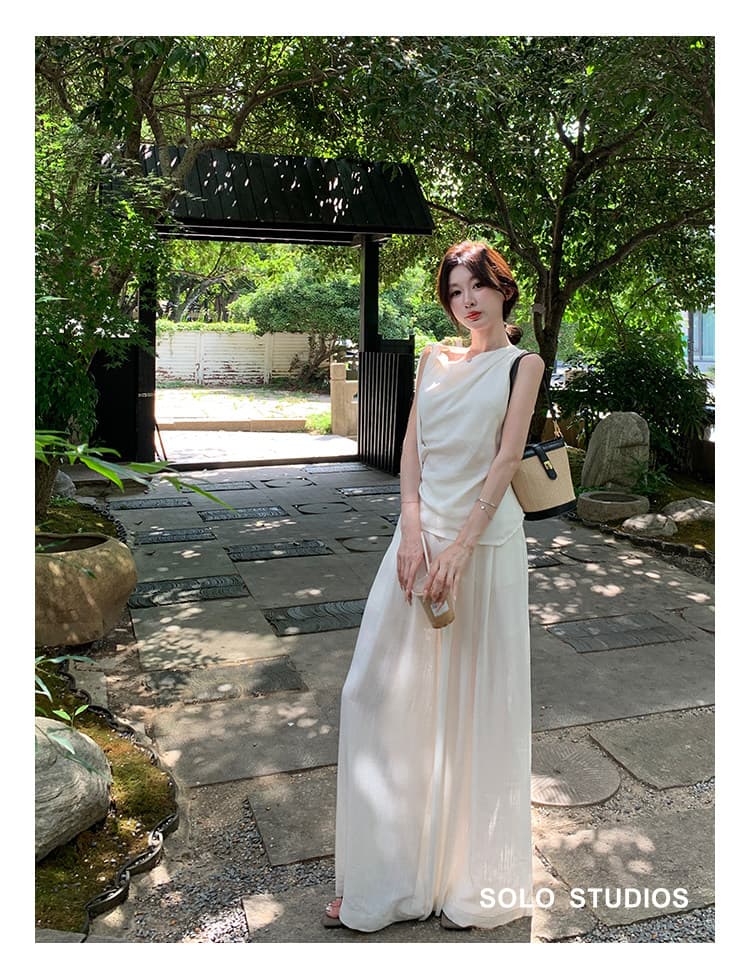 2026 새로운 여름 전체 집합 ootd 느슨함 센스 여신 팬 화이트 민소매 맨위 바지 투피스 슈트 여성 상세 이미지 5