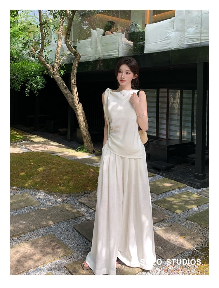 2026 새로운 여름 전체 집합 ootd 느슨함 센스 여신 팬 화이트 민소매 맨위 바지 투피스 슈트 여성 상세 이미지 15