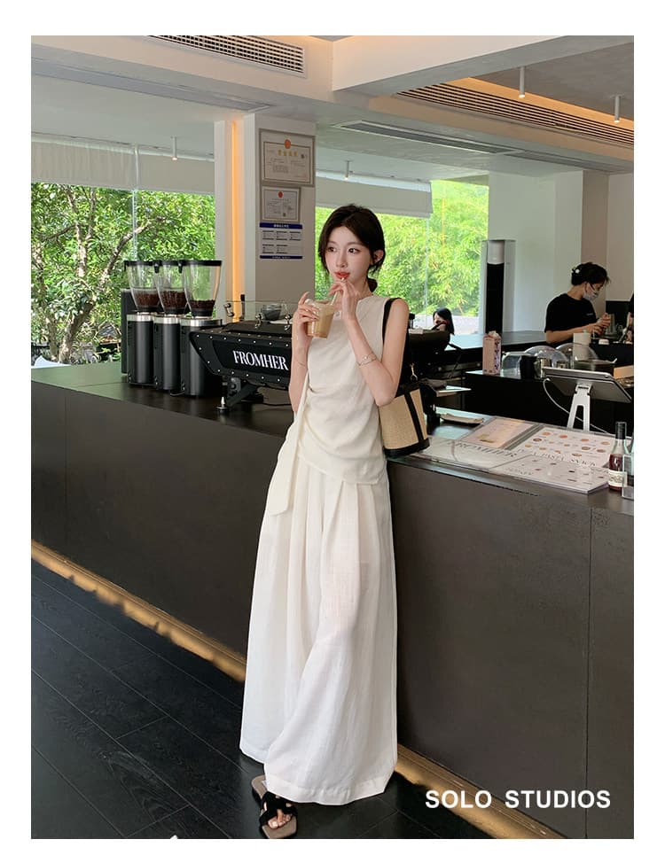 2026 새로운 여름 전체 집합 ootd 느슨함 센스 여신 팬 화이트 민소매 맨위 바지 투피스 슈트 여성 상세 이미지 26
