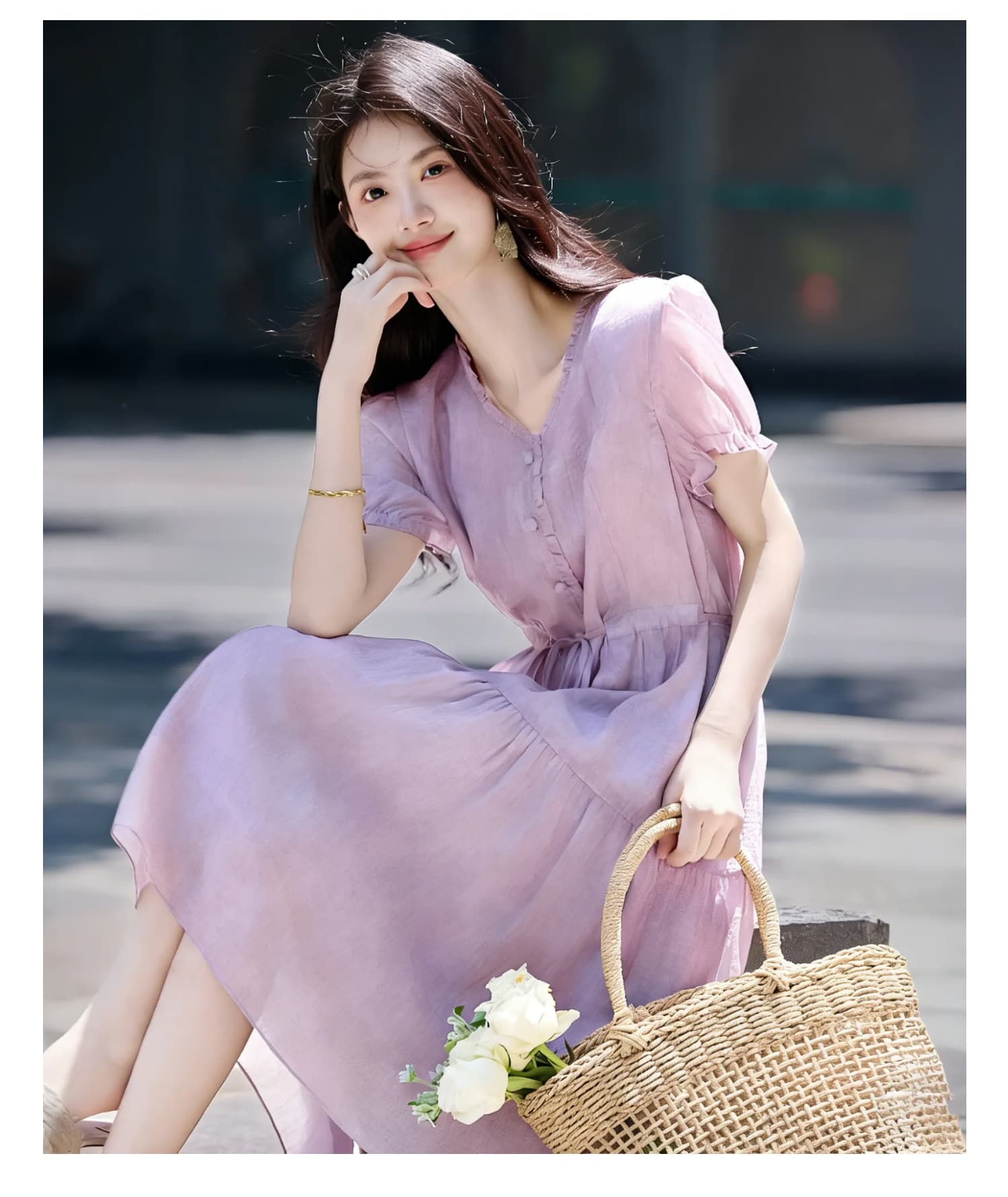 우아함 품격 진주 레이스업 주름 칼라 단색 치마 여성용 짧은 소매 2026 여름 새로운 보라색 V넥 드레스 상세 이미지 7