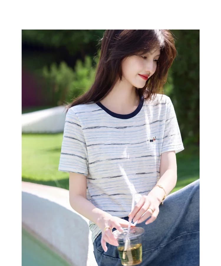 배색 연령 감소 캐주얼 작은 셔츠 26 여름 패션 품격 라운드 넥 외국 가스 반팔 스트라이프 티셔츠 이미지 4