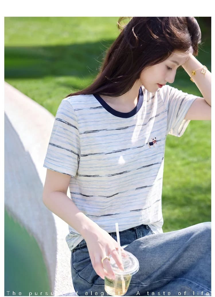 배색 연령 감소 캐주얼 작은 셔츠 26 여름 패션 품격 라운드 넥 외국 가스 반팔 스트라이프 티셔츠 이미지 3