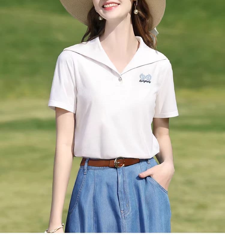 레트로 해군 칼라 자수 반팔 티셔츠 여성 2026 여름 새로운 품격 출퇴근 캐주얼 다용도 슬림해 보이는 맨위 이미지 2