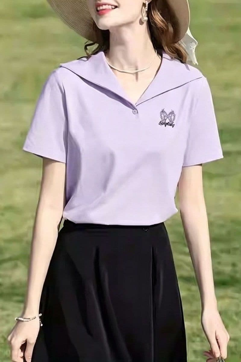레트로 해군 칼라 자수 반팔 티셔츠 여성 2026 여름 새로운 품격 출퇴근 캐주얼 다용도 슬림해 보이는 맨위 상세 이미지 2