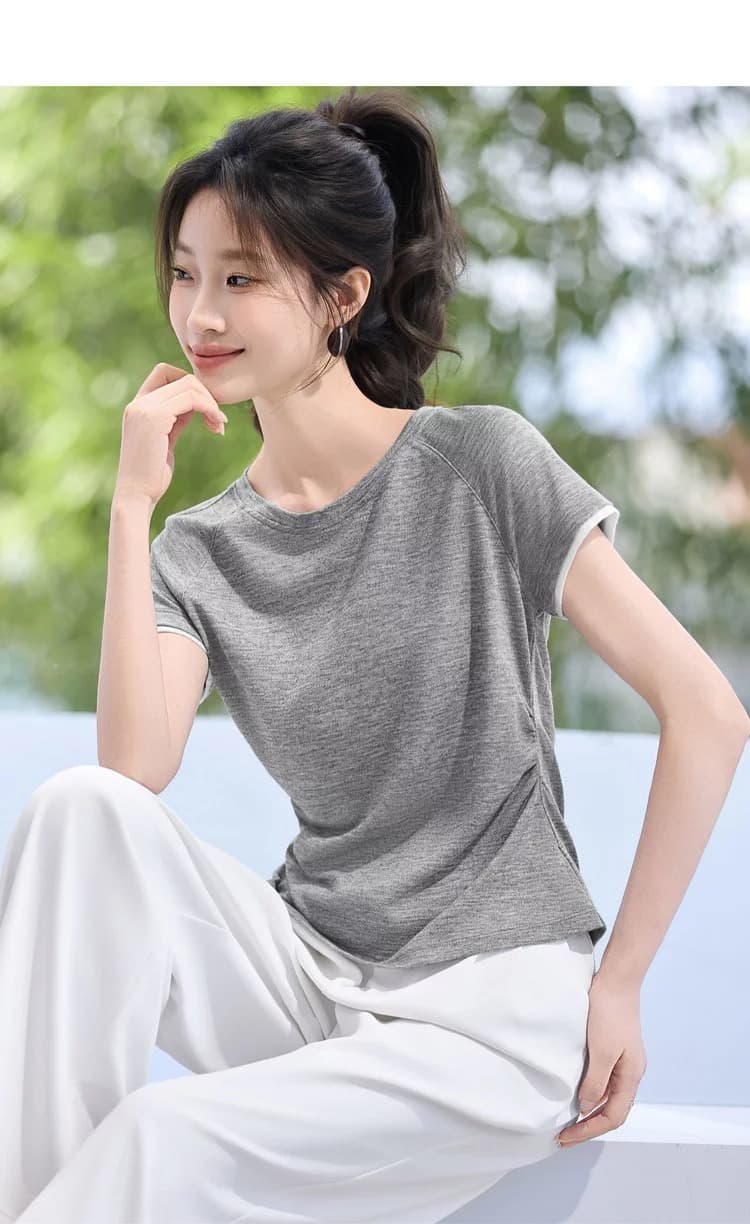 2026 여름 새로운 캐주얼 다용도 배색 페이크 레이어드 허리 수축 주름 반팔 여성 티셔츠 상세 이미지 3