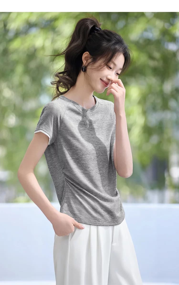 2026 여름 새로운 캐주얼 다용도 배색 페이크 레이어드 허리 수축 주름 반팔 여성 티셔츠 상세 이미지 5