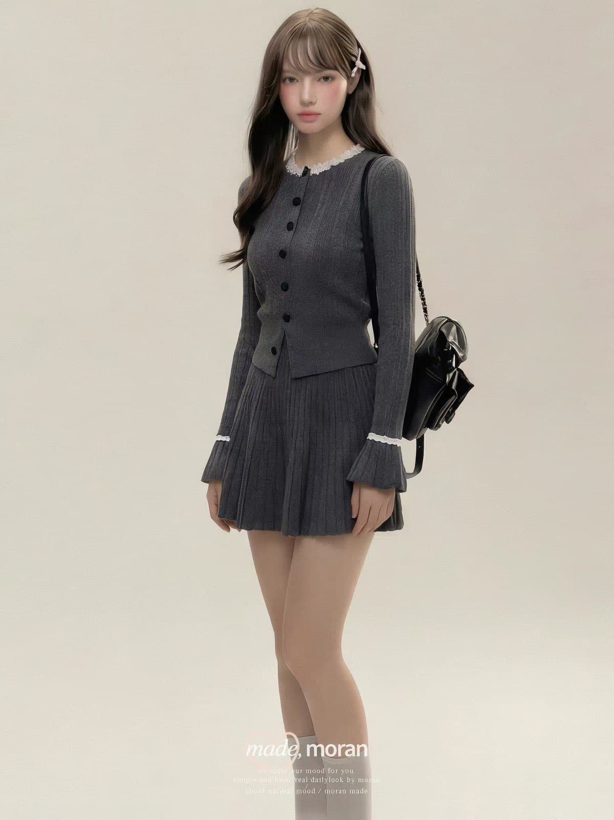 작은 샤넬 스타일 분위기 고급 센스 회색 니트 오픈 가디건 스웨터 미니 스커트 아이들 가을 겨울 부유 한 가족 천 골드 착용 가져 가라. 세트 이미지 3