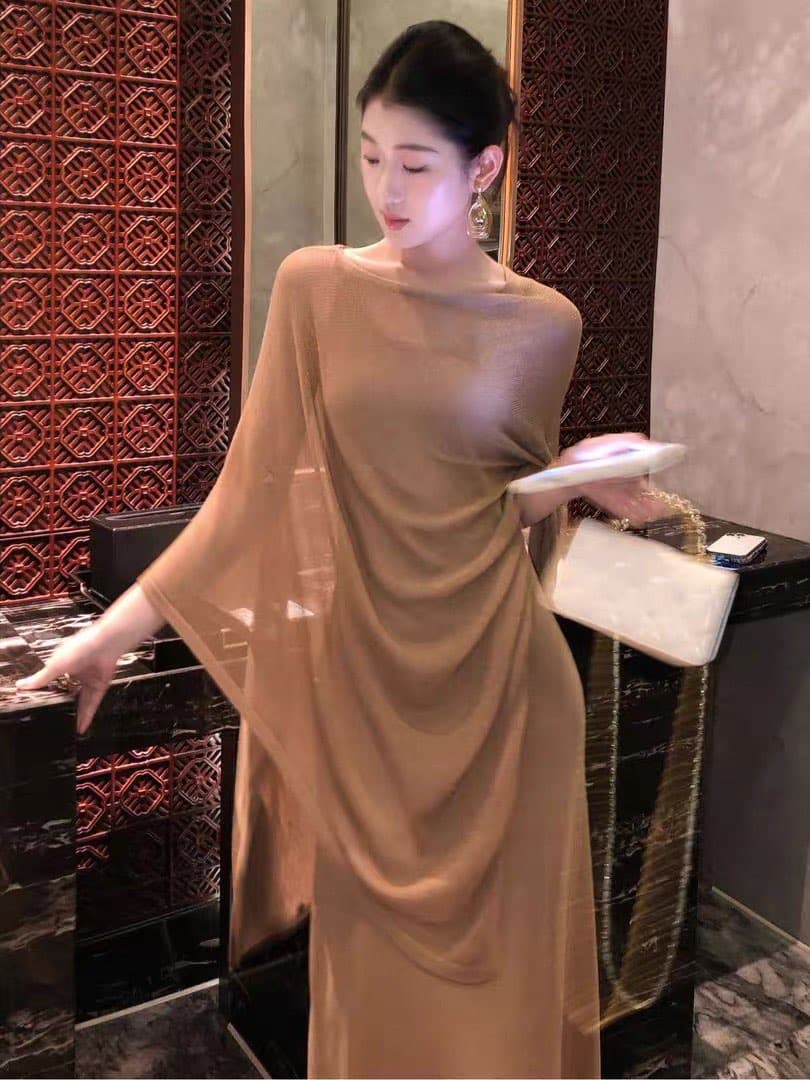 부드러운 바람 품격 불규칙 숄 새로운 몸매 가꾸기 품격 슬림해 보이는 빛 요리 한 우아함 슬립 드레스 투피스 세트 상세 이미지 4