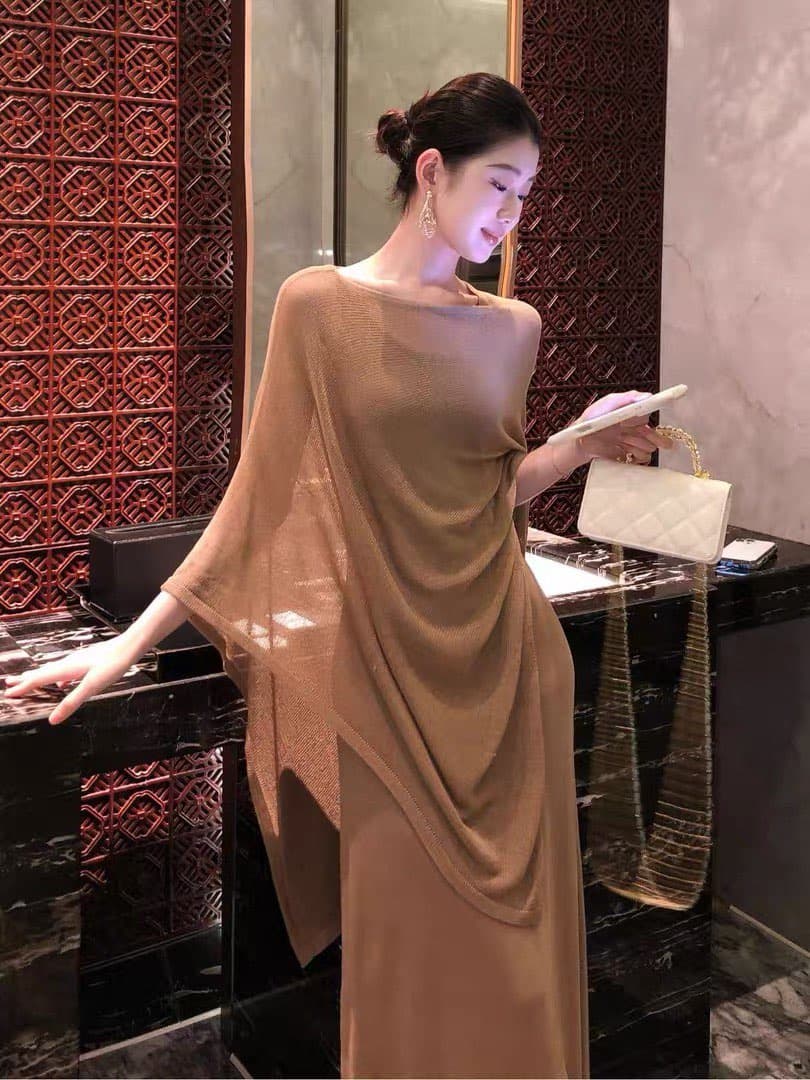 부드러운 바람 품격 불규칙 숄 새로운 몸매 가꾸기 품격 슬림해 보이는 빛 요리 한 우아함 슬립 드레스 투피스 세트 상세 이미지 6
