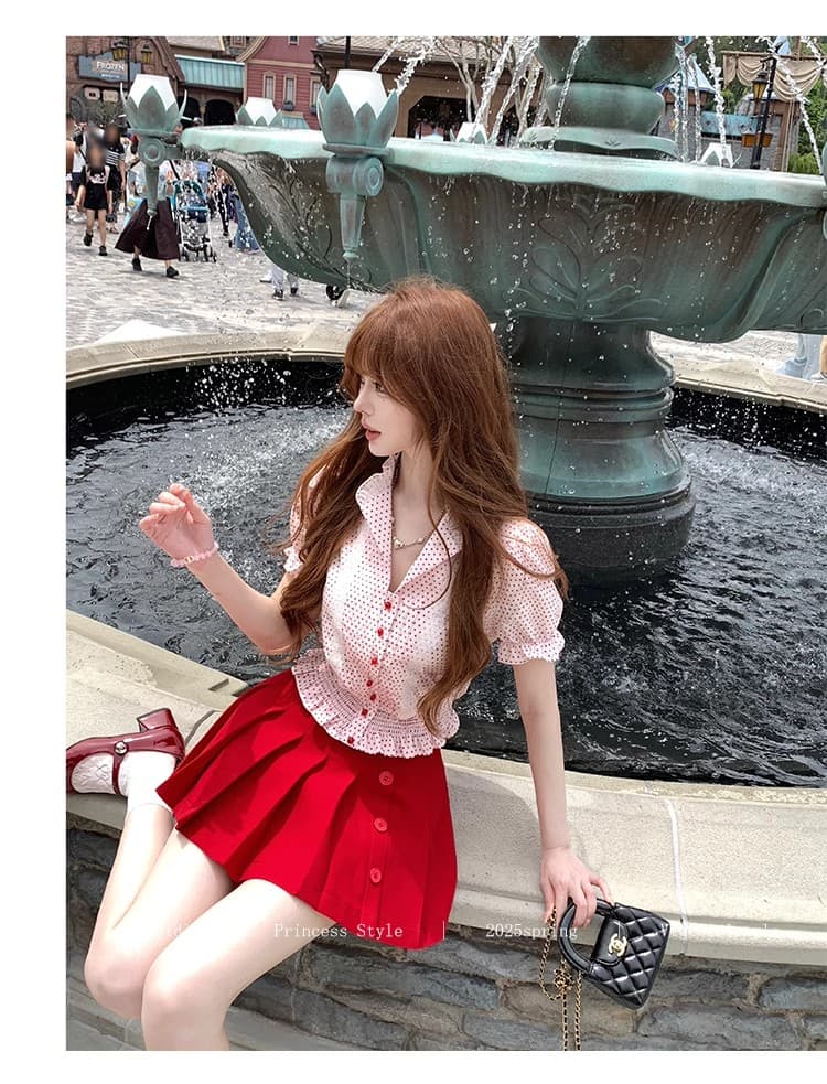 lazy didi 캡처 꿈 샤 차우 허리 수축 셔츠 플리츠 반 스커트 세트 그룹 레트로 거품 소매 맨위 한 마디 미니 스커트 상세 이미지 3