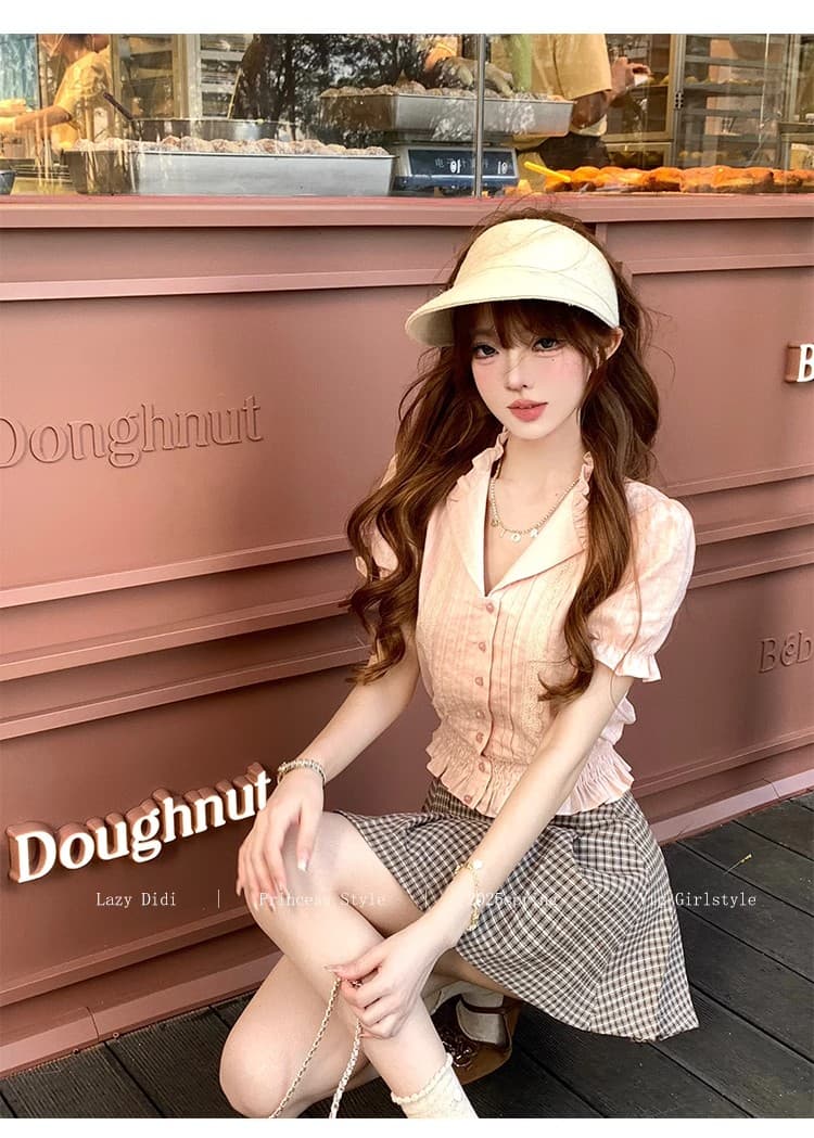 lazy didi 캡처 꿈 샤 차우 허리 수축 셔츠 플리츠 반 스커트 세트 그룹 레트로 거품 소매 맨위 한 마디 미니 스커트 상세 이미지 5