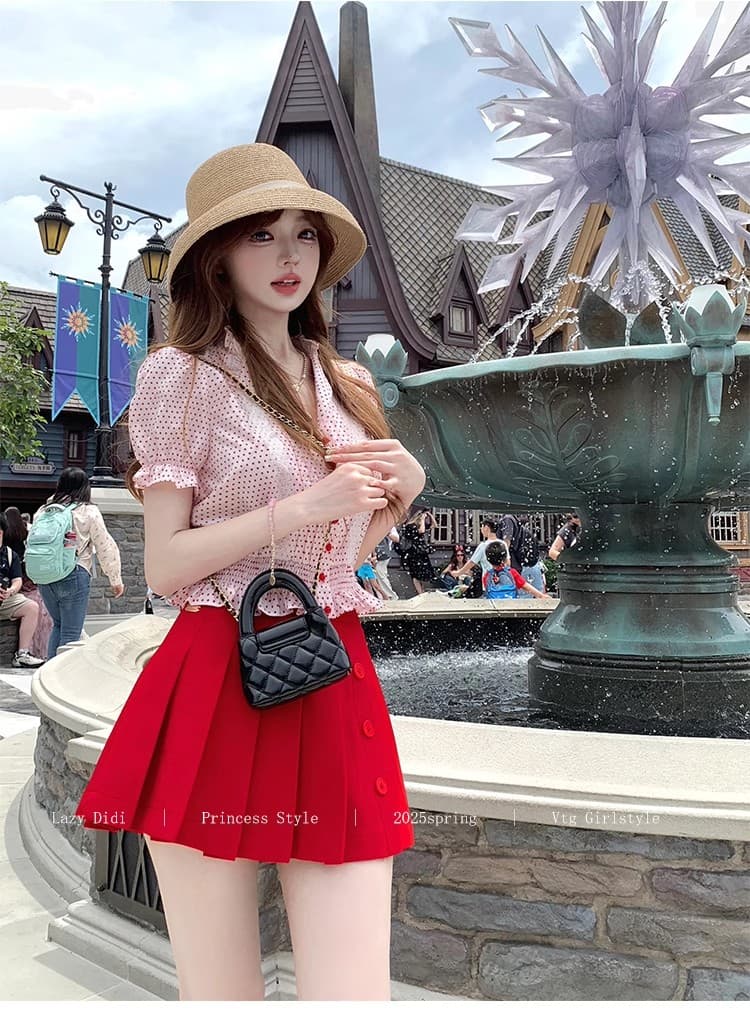 lazy didi 캡처 꿈 샤 차우 허리 수축 셔츠 플리츠 반 스커트 세트 그룹 레트로 거품 소매 맨위 한 마디 미니 스커트 상세 이미지 7