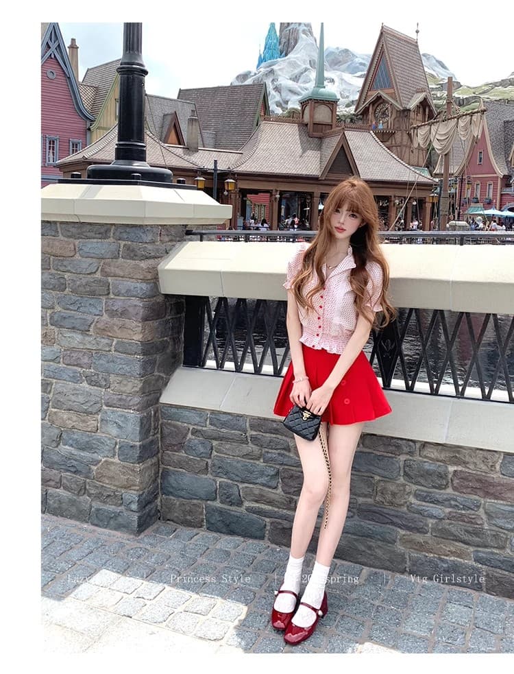 lazy didi 캡처 꿈 샤 차우 허리 수축 셔츠 플리츠 반 스커트 세트 그룹 레트로 거품 소매 맨위 한 마디 미니 스커트 상세 이미지 9