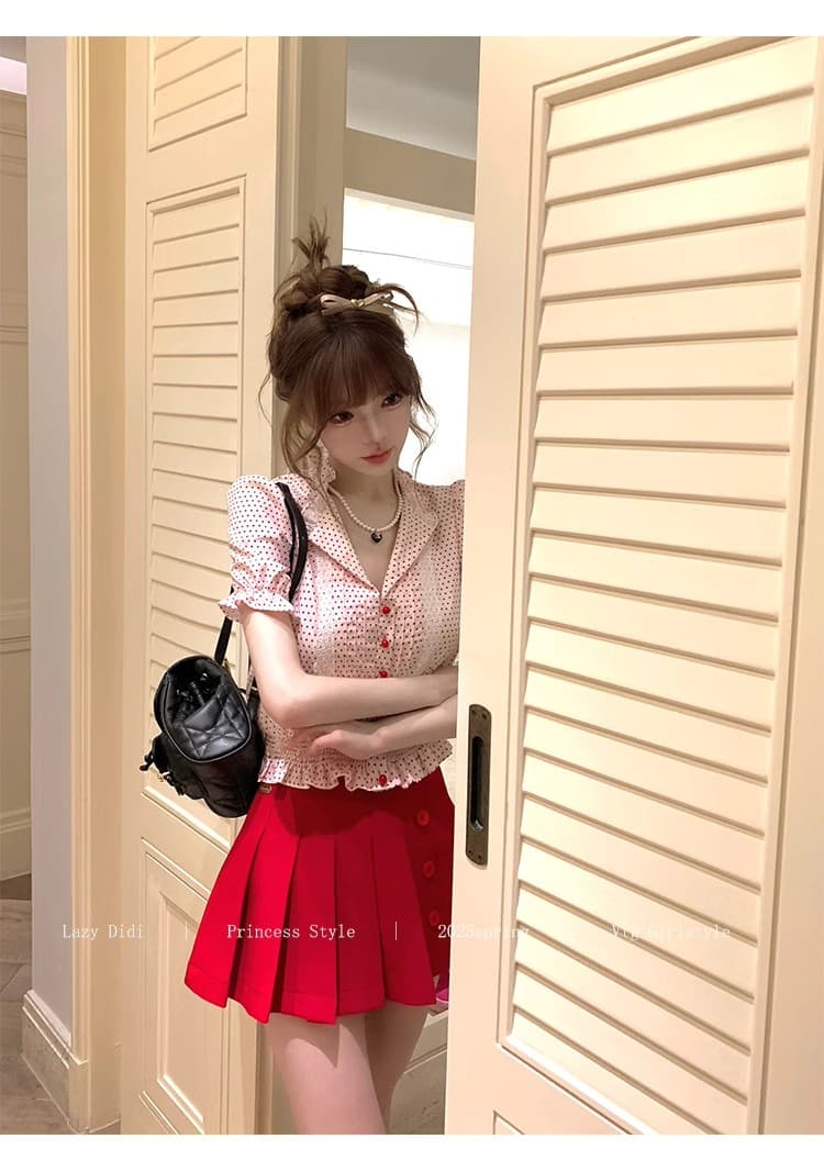 lazy didi 캡처 꿈 샤 차우 허리 수축 셔츠 플리츠 반 스커트 세트 그룹 레트로 거품 소매 맨위 한 마디 미니 스커트 상세 이미지 10
