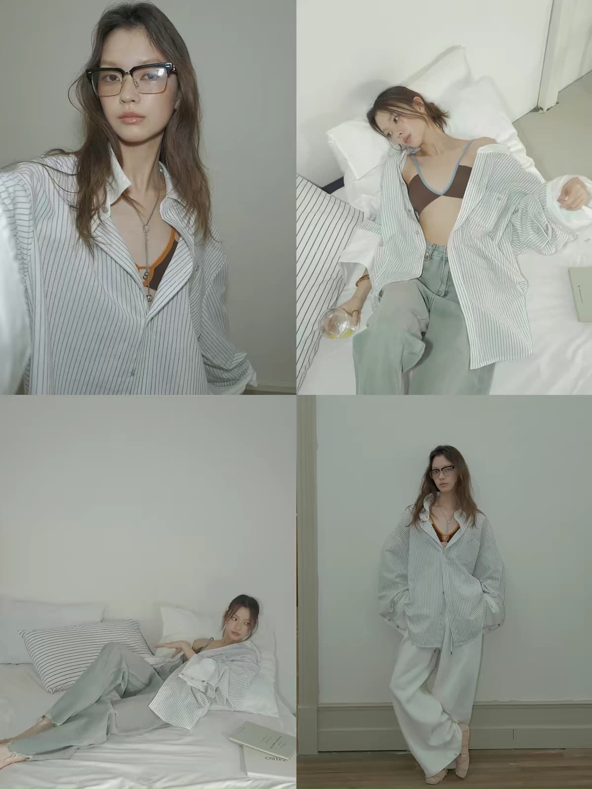 공동 아이디어 레트로 마 면 화이트 세로 줄무늬 대 소매 여성 셔츠 패치워크 긴팔 맨위 상세 이미지 2