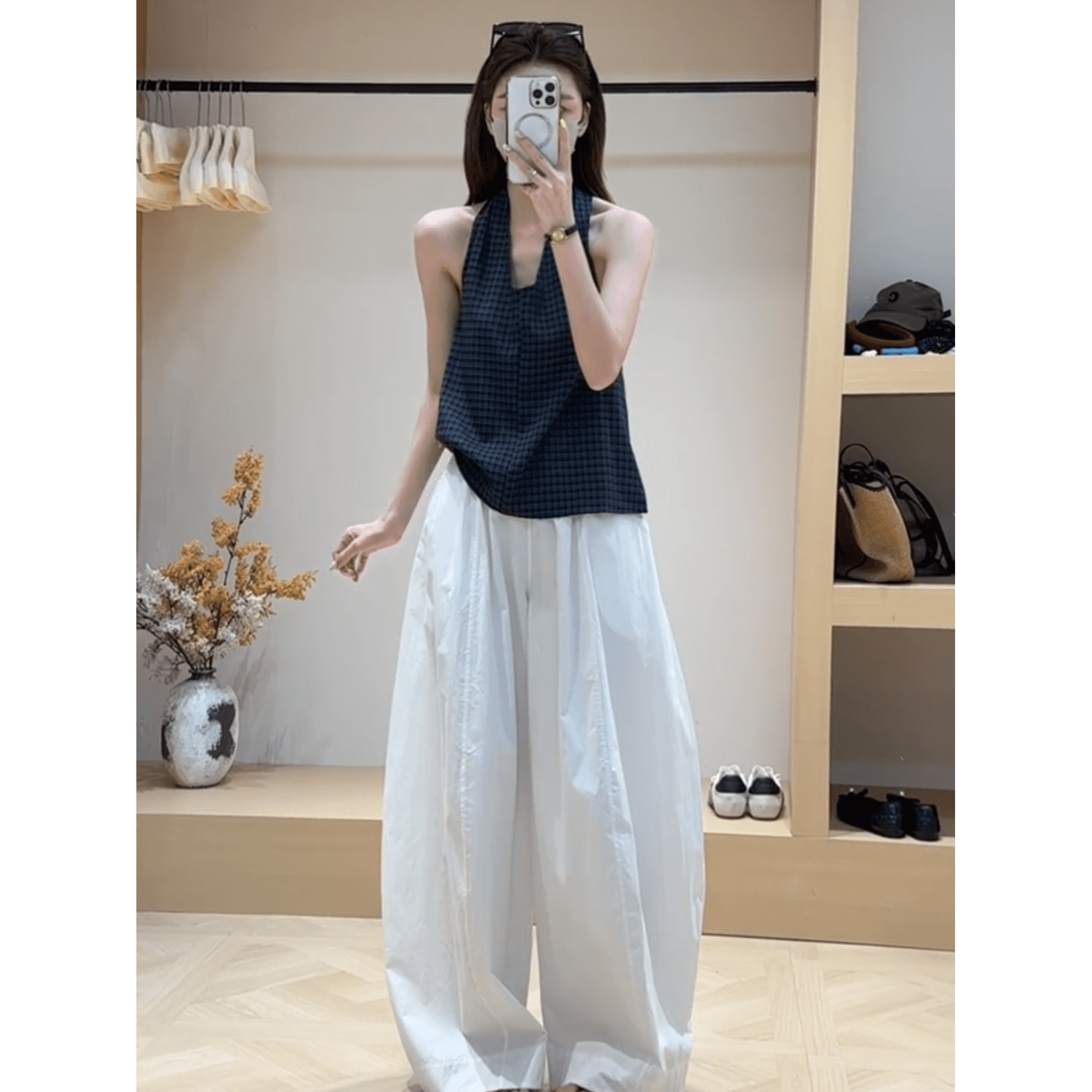 핫걸 바람 체크무늬 행침 목 백리스 민소매 맨위 여성 루즈핏 슬림해 보이는 넓은 다리 캐주얼 바지 세트 이미지 2