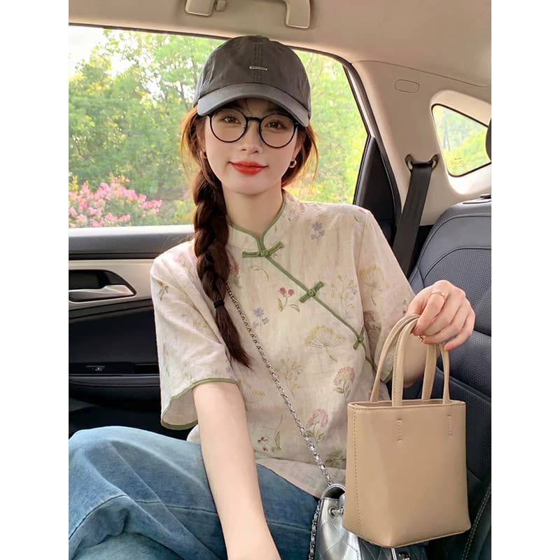 새로운 중식 맨위 쌀 살구 색상 면 린넨 꽃무늬 여성 셔츠 여름 디자인 센스 비스듬한 襟 단추 개선 당나라 작은 셔츠 상세 이미지 4