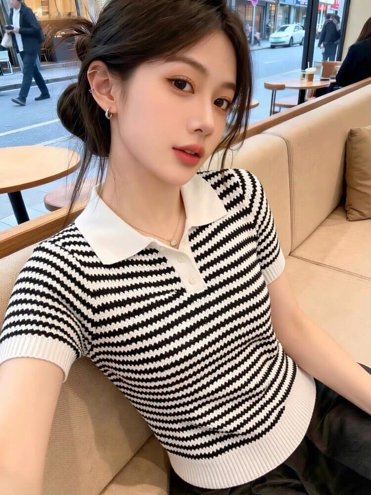 아메리칸 레트로 배색 스트라이프 POLO 칼라 니트 반팔 티셔츠 여성 작은 대중 여름 몸매 가꾸기 슬림해 보이는 긍정적 인 어깨 의류 상세 이미지 3