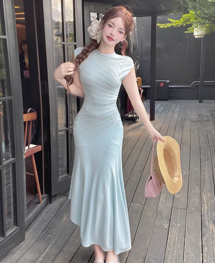 한국 품격 명문 여성 홍콩 스타일 레트로 스타일 민소매 디자인 센스 불규칙 니트 얼음 실크 드레스 몸매 가꾸기 롱 스커트 상세 이미지 18