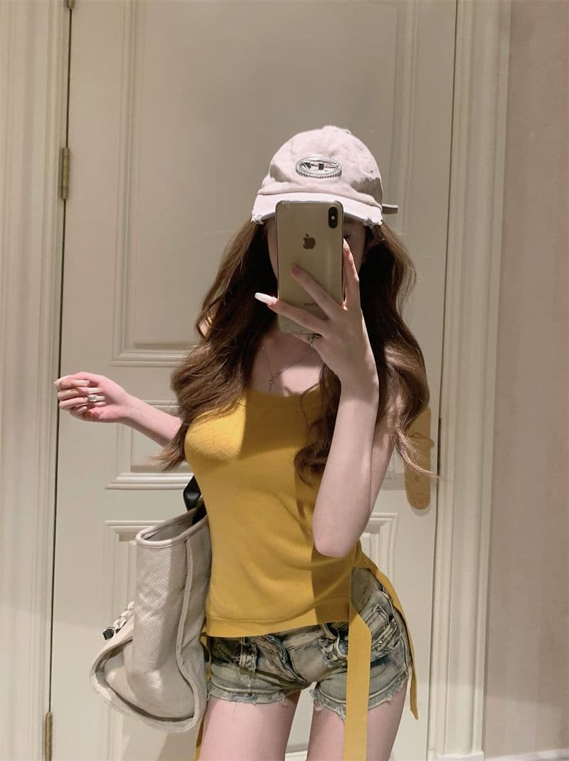 황색 작은 슬링 조끼 여성 여름 외출용 아름다움 뒤로 섹시함 인사이드 가져 가라. 만나는 불규칙 밑단 달콤한 매운맛 니트 맨위 상세 이미지 20