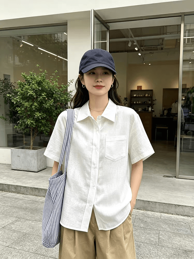 느슨함 센스 새로운 아마 반팔 여성 셔츠 여름 디자인 센스 루즈핏 캐주얼 셔츠 품격 작은 대중 맨위 상세 이미지 1