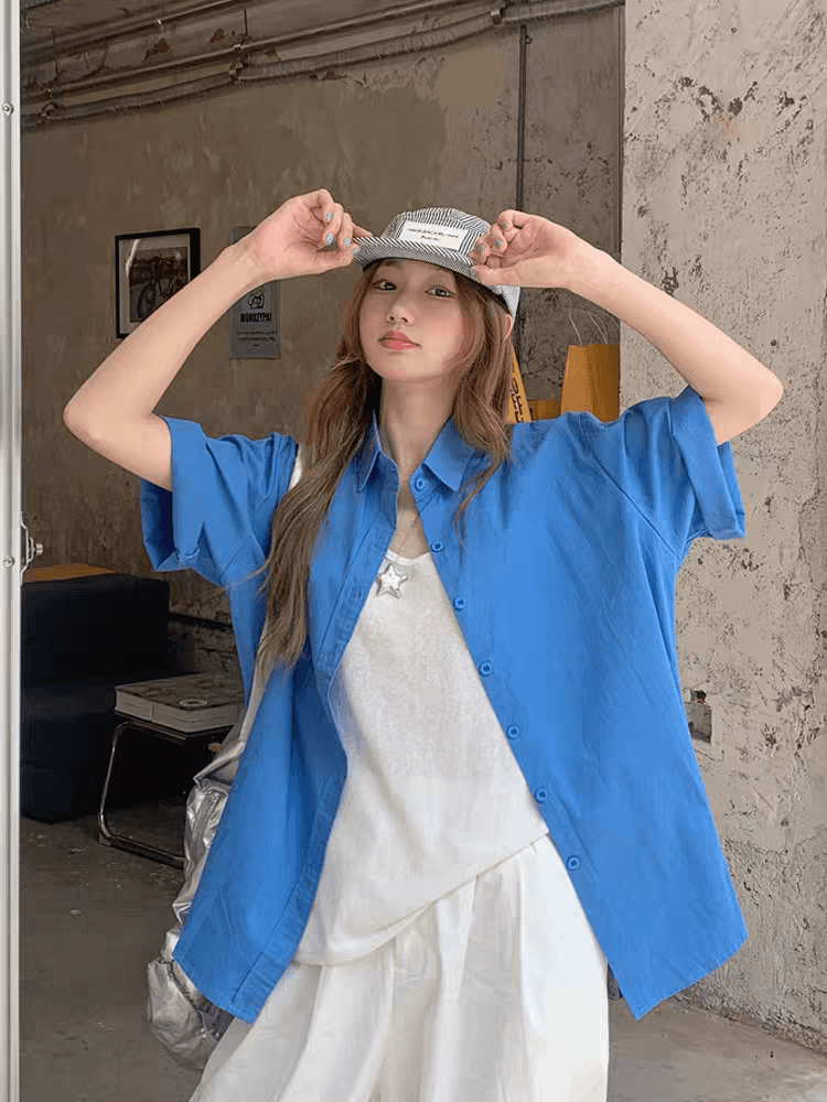 2026 여름 도파민 우유 황색 반팔 셔츠 새로운 오픈 가디건 외부 가져 가라. 순면 긍정적 인 어깨 패션 반팔 맨위 상세 이미지 5