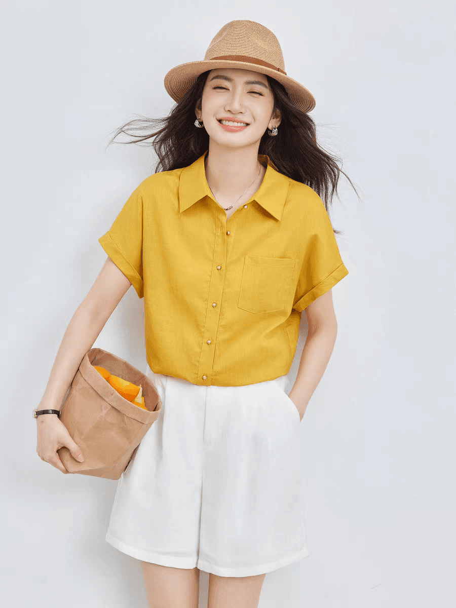 출퇴근 미니멀리즘 빨간색 반팔 여성 셔츠 2026 년 여름 새로운 품격 면 린넨 폴로 칼라 셔츠 맨위 상세 이미지 2