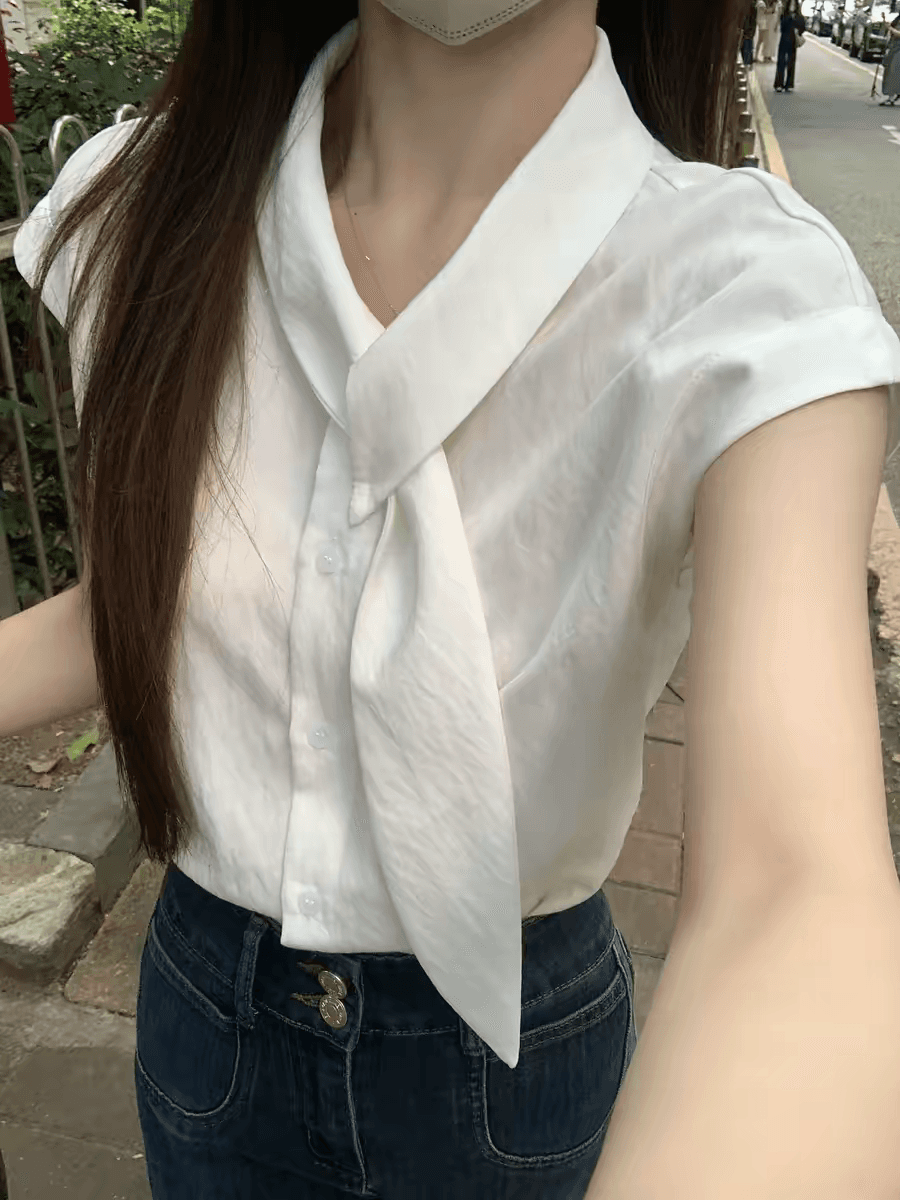 프랑스식 작은 대중 리본 칼라 반팔 여성 셔츠 여름 2026 새로운 패션 품격 루즈핏 다용도 Chic 맨위 이미지 3
