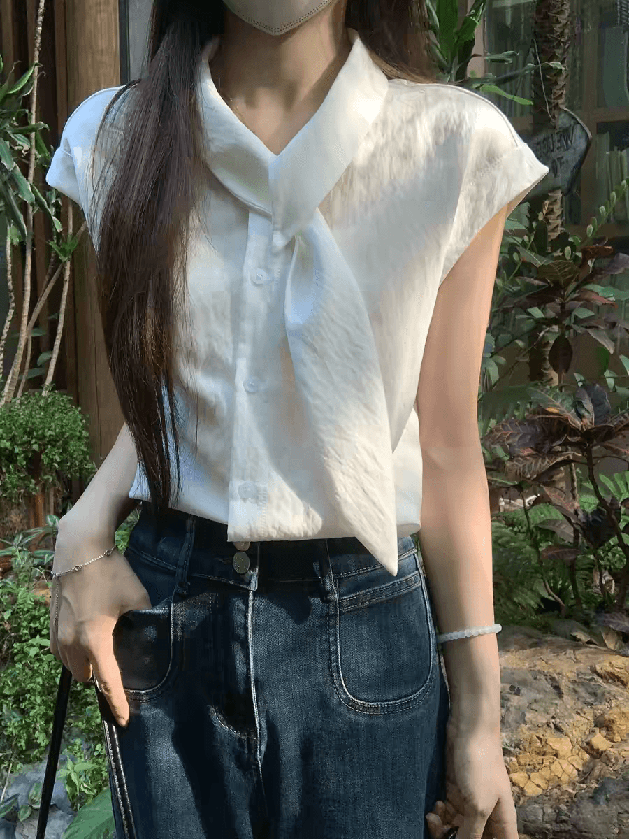 프랑스식 작은 대중 리본 칼라 반팔 여성 셔츠 여름 2026 새로운 패션 품격 루즈핏 다용도 Chic 맨위 상세 이미지 4
