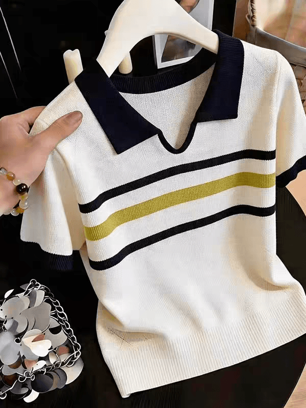 패션 배색 스트라이프 POLO 칼라 반팔 니트 스웨터 여성 2026 여름 지방 mm 루즈핏 다용도 연령 감소 맨위 상세 이미지 6