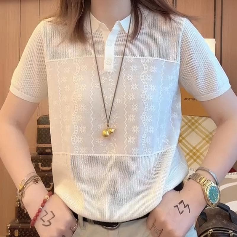 2026 년 여름 새로운 부드러운 바람 폴로 칼라 자수 반팔 니트 스웨터 여성 패션 품격 다용도 슬림해 보이는 맨위 이미지 4