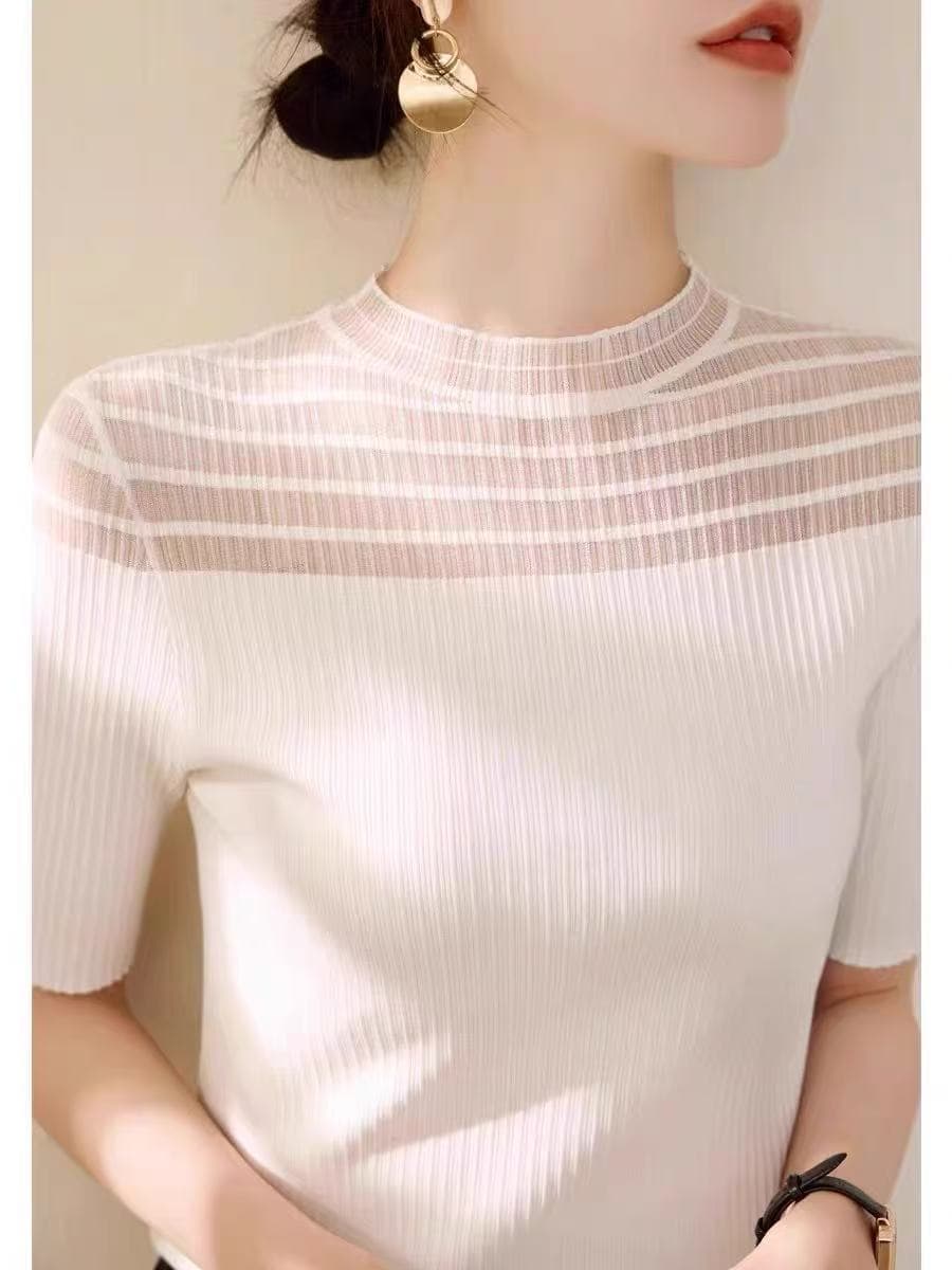 2026 새로운 여름 반하이넥 홀로우 아웃 레이스 망사 반팔 니트 스웨터 여성 몸매 가꾸기 맨위 얇은 이미지 3