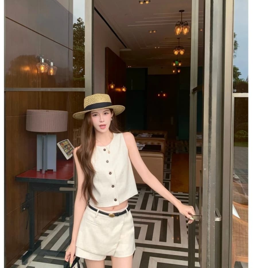 와우 현재 85 라이 경기 서울 9 마 6 면 단추 조끼 베스트 페이크 레이어드 반바지 여성 여름 투피스 세트