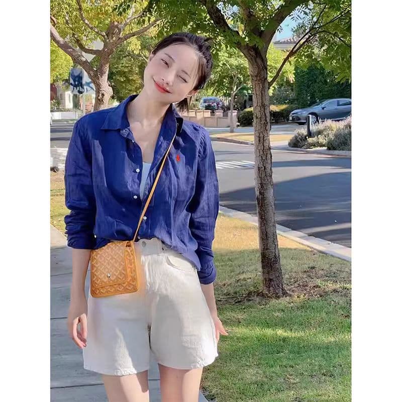 작은 말 표준 자수 분말 맨위 봄 여름 새로운 아마 화이트 긴팔 캐주얼 루즈핏 작은 대중 자외선 차단 셔츠 이미지 3