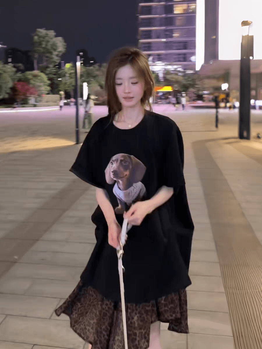 검정색 품격 프린트 루즈핏 슬림해 보이는 반팔 티셔츠 도트 무늬 거즈 스커트 여성 의류 2026 여름 새로운 패션 세트 상세 이미지 6