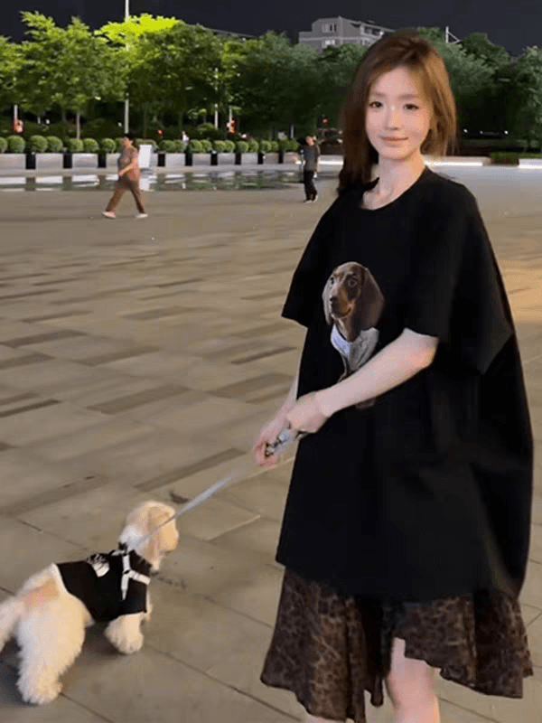 검정색 품격 프린트 루즈핏 슬림해 보이는 반팔 티셔츠 도트 무늬 거즈 스커트 여성 의류 2026 여름 새로운 패션 세트 상세 이미지 8